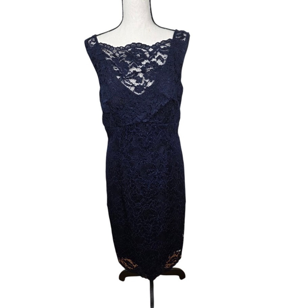Le Chateau Lace Illusion Cocktail Dress Women Size 12 Navy Blue Sheath V-Back